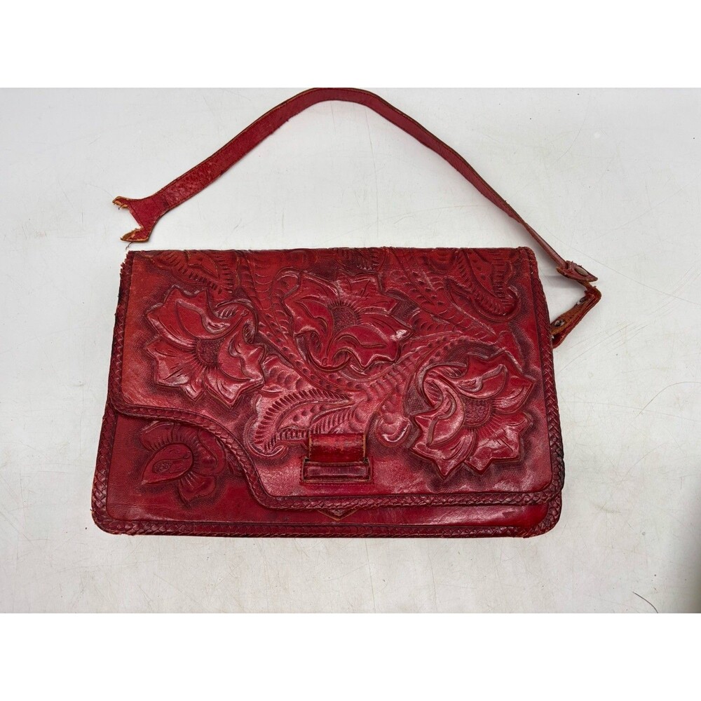 Vtg Red Tooled Leather Purse  J.E. Gomez Mexico Floral Clutch READ Distressed